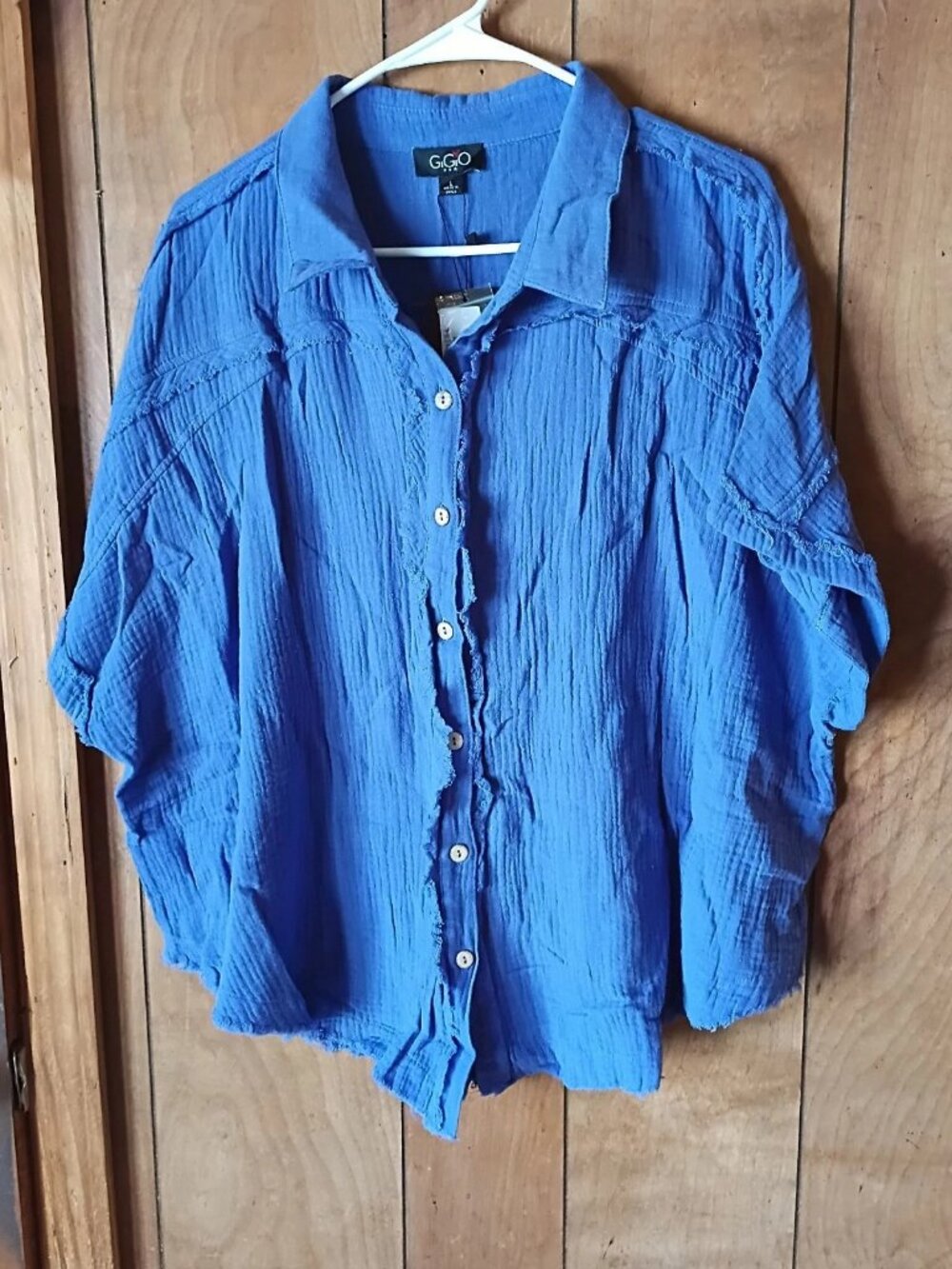 NWT Gigio Cobalt Blue Gauze Button Down Top Women's Size Large Cotton Boho